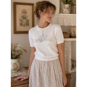 College Point Vintage White Cotton Short Sleeve Floral Embroidered Sweater USA